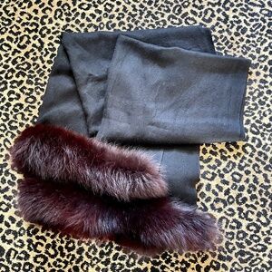 Black Cashmere and Wine Colored Fur Long Pashmina Wrap